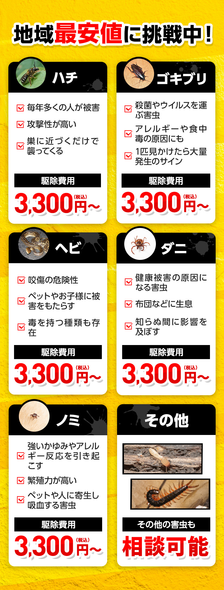 地域最安値に挑戦中！ハチ/駆除費用3,300円(税込)~